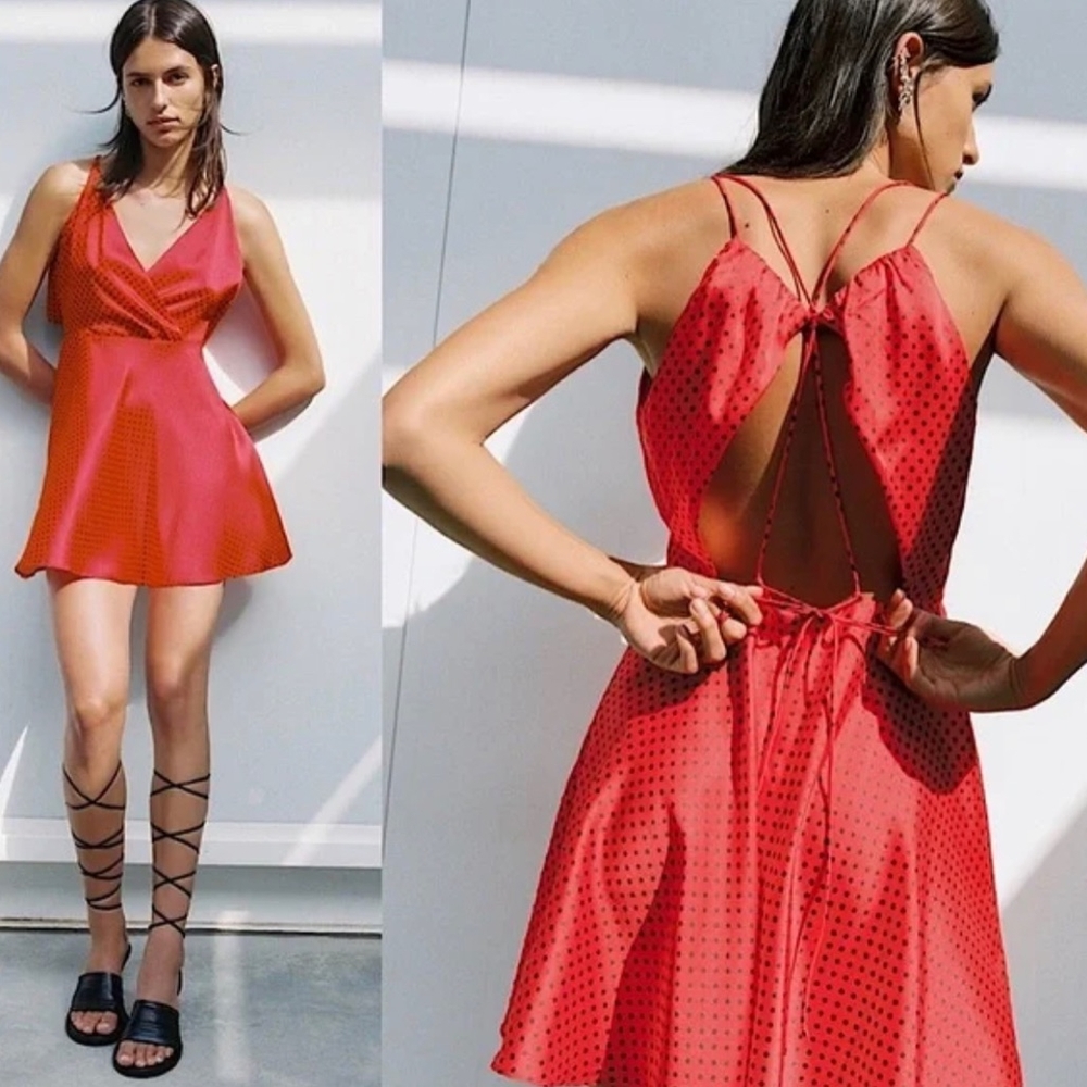 NEW! Zara Satin Polka Dot Open Back A Line Skater Dress